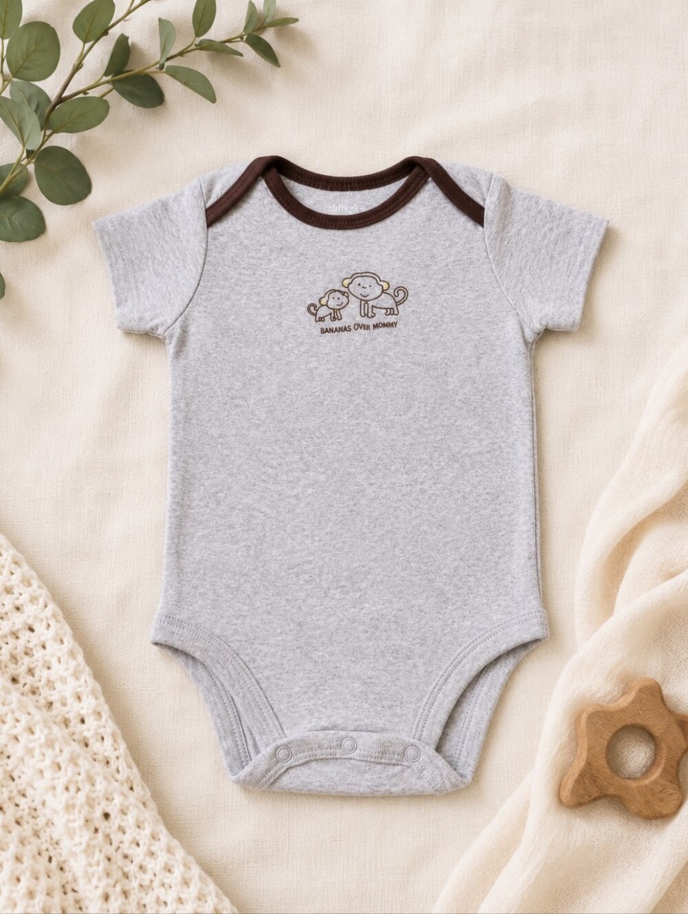 Carter’s Gray Short-Sleeve Baby Boy Bodysuit – Size 12 Months – 100% Cotton